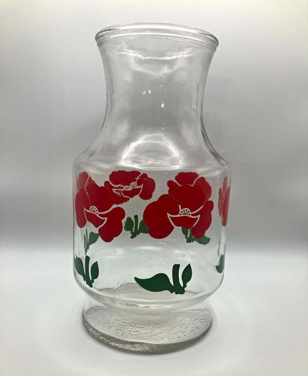 Vintage Carafe Glass Pitcher 1 qt Floral Flower Pattern Red/Green Round 9 in